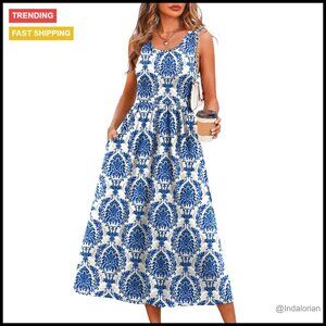 Flowy Midi Dress Casual Boho Chic Summer Vacation Sundress with Pockets